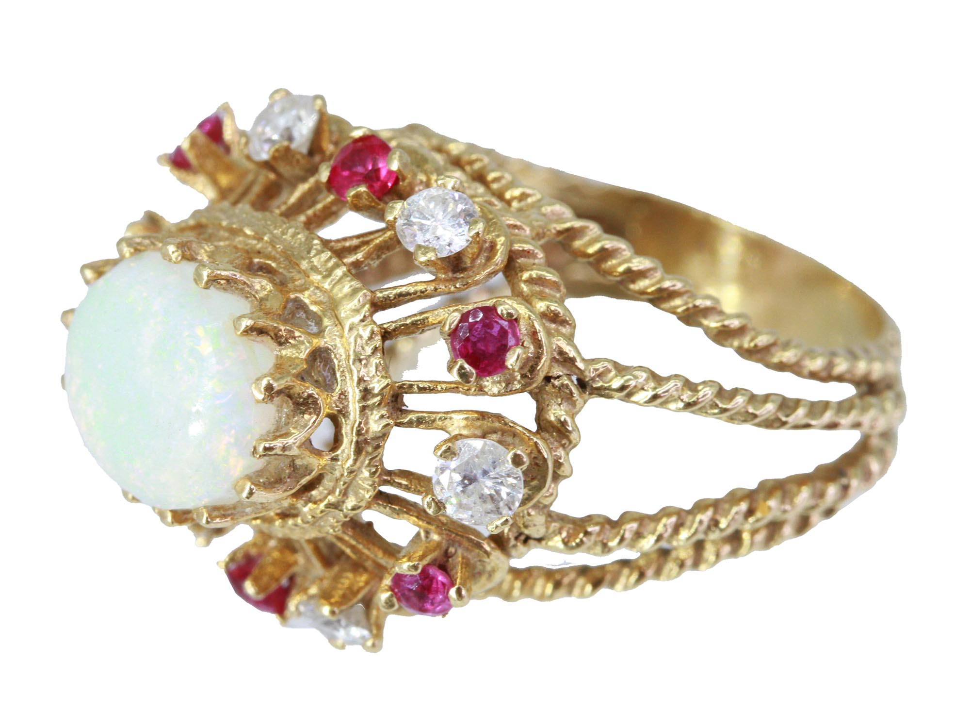 14K GOLD OPAL RUBY STONES DIAMONDS JEWELRY RING PIC-2